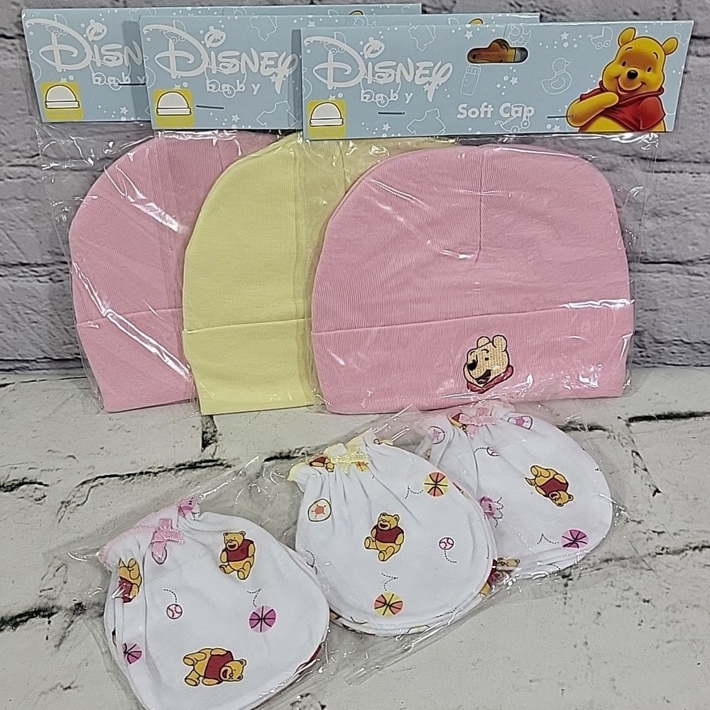 Disney Baby Winnie The Pooh Infant Lot Soft Caps Hats Mittens 3 Each Pink Yellow